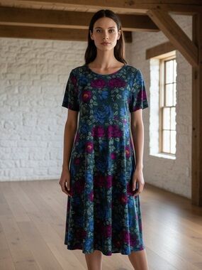 LuLaRoe Midi Swing Dress in Teal with Blue and Pink Floral Print